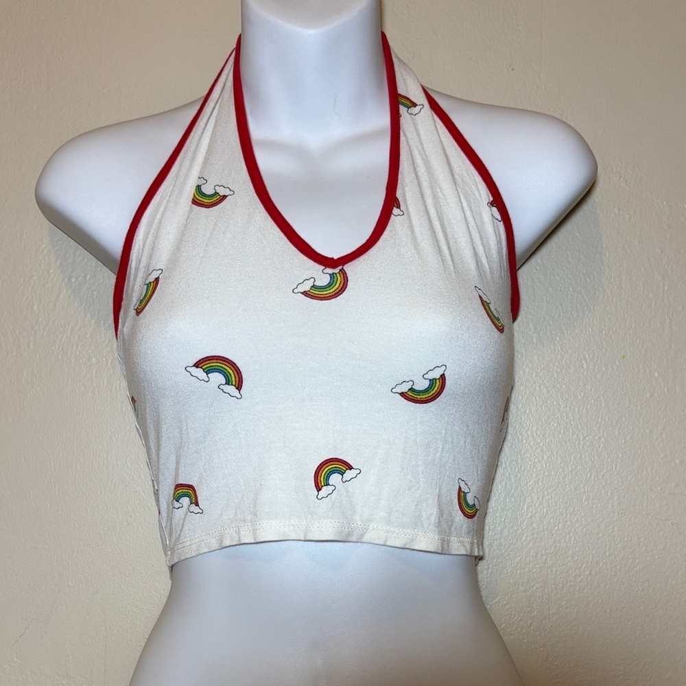 Forever 21 White Halter Crop Top with Red Trim and Rainbow Print